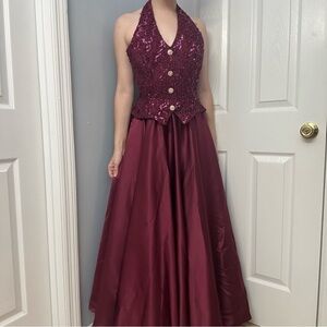Vintage Formal Dress Prom Vest Whimsigoth Sequin Maroon Halter 90s Extra Small